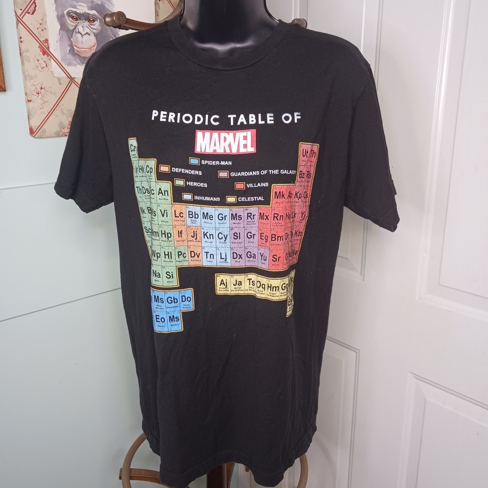 Marvel Super Heroes Periodic Table Graphic T Shirt Mens Medium Black Crew Neck